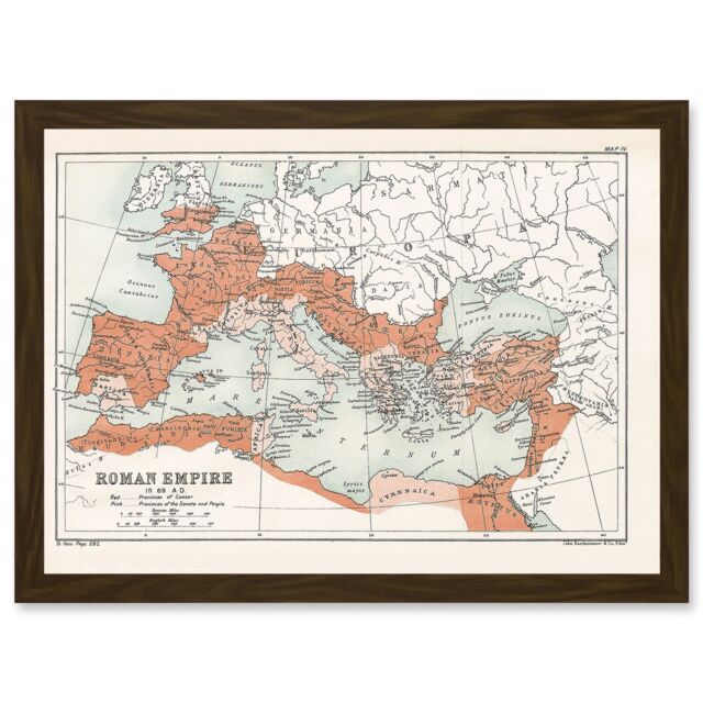 Artery8 Map Antique Bartholemew Rome Roman Empire Mediterranean Artwork Framed Wall Art Print A4 in Brown - image 1