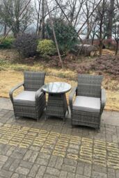 Fimous Rattan Dining Set Table & Chair Set Bistro Set PE Wicker Patio Outdoor 2 Chairs Plus Small Round Table in Dark Grey - thumbnail 6