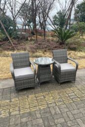 Fimous Rattan Dining Set Table & Chair Set Bistro Set PE Wicker Patio Outdoor 2 Chairs Plus Small Round Table in Dark Grey