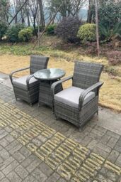 Fimous Rattan Dining Set Table & Chair Set Bistro Set PE Wicker Patio Outdoor 2 Chairs Plus Small Round Table in Dark Grey - thumbnail 4