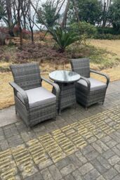 Fimous Rattan Dining Set Table & Chair Set Bistro Set PE Wicker Patio Outdoor 2 Chairs Plus Small Round Table in Dark Grey - thumbnail 2