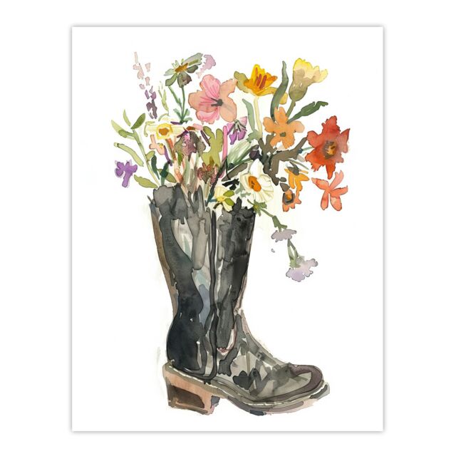 "Artery8 Wildflower Bouquet Heeled Army Boot Watercolour Wall Art Print - Size: W24"" x H32""" - image 1