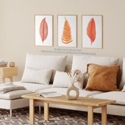 Wee Blue Coo Pack of 3 Elegant Fern Frond Plant Tree Bright Orange Leaf Detailed Foliage Botanical Unframed Wall Art Living Room Prints Set - thumbnail 3
