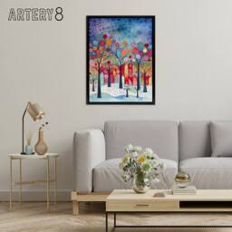 "Artery8 Winter Abstract Village Folk Art Framed Canvas Wall Art Print - Size: W18"" x H24""" - thumbnail 3