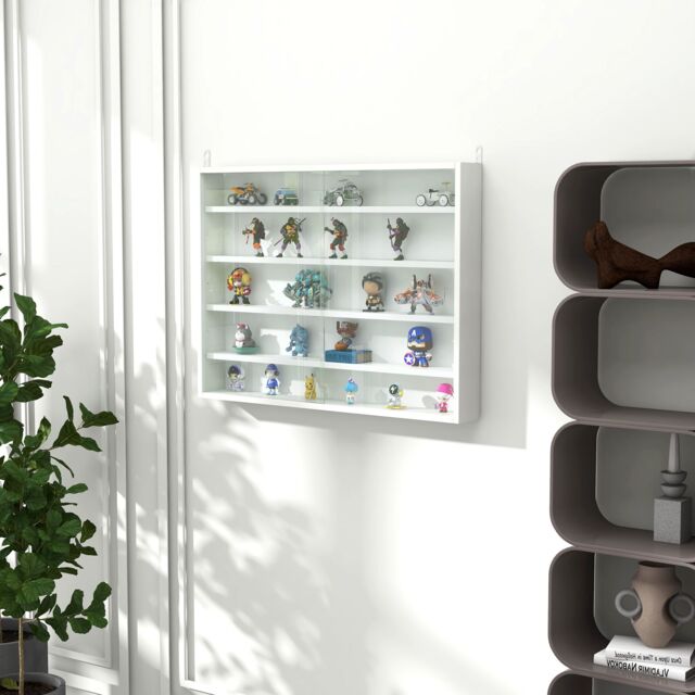 HOMCOM 5-Tier Wall Mounted Cabinet Display Shelf Unit w/ Adjustable Shelves Glass Doors in White - Size: Small - image 1