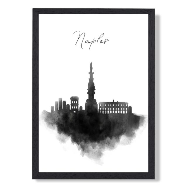 ARTZE Naples Watercolour Skyline City Framed Print SIZE: A2 with Black Frame - Size: A3 - image 1