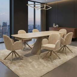 HOME LUXE INTERIOR Gstaad Beige Ceramic Extending Dining Set 6 Swivel Chairs 160-240cm - thumbnail 3