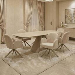 HOME LUXE INTERIOR Gstaad Beige Ceramic Extending Dining Set 6 Swivel Chairs 160-240cm - thumbnail 2