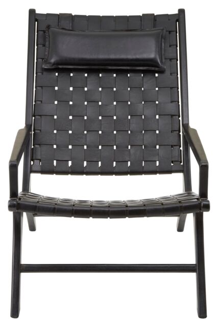 Orsina Grey Cow Leather Woven Chair, Sleek Teak Wood Lounge Accent Chair With Head Cushion, Grey Lattice Armchair in Black - image 1
