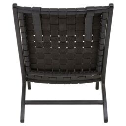 Orsina Grey Cow Leather Woven Chair, Sleek Teak Wood Lounge Accent Chair With Head Cushion, Grey Lattice Armchair in Black - thumbnail 5