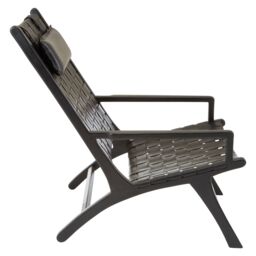 Orsina Grey Cow Leather Woven Chair, Sleek Teak Wood Lounge Accent Chair With Head Cushion, Grey Lattice Armchair in Black - thumbnail 4