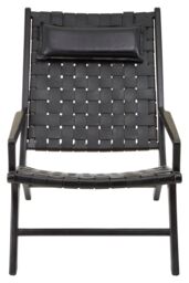 Orsina Grey Cow Leather Woven Chair, Sleek Teak Wood Lounge Accent Chair With Head Cushion, Grey Lattice Armchair in Black