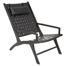 Orsina Grey Cow Leather Woven Chair, Sleek Teak Wood Lounge Accent Chair With Head Cushion, Grey Lattice Armchair in Black - thumbnail 3