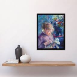 Artery8 Young Woman Sewing Renoir Vintage Framed Wall Art Print in Blue - Size: A4 - thumbnail 4