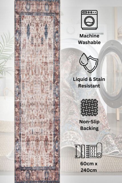 Kukoon Washable Runner Rug Beige Floral Long Hallway Carpet Mat 60cm x 240cm - Size: 60 cm x 240 cm - image 1