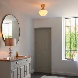 Loops Antique Brass Semi Flush Ceiling Light Fitting & Opal Glass Shade Low Profile in Clear - thumbnail 4