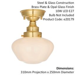 Loops Antique Brass Semi Flush Ceiling Light Fitting & Opal Glass Shade Low Profile in Clear - thumbnail 2