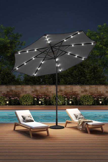 Living and Home 3M Large Garden LED Parasol Outdoor Beach Umbrella with Light Sun Shade Crank Tilt with Round Base, Gark Grey in Dark Grey - image 1