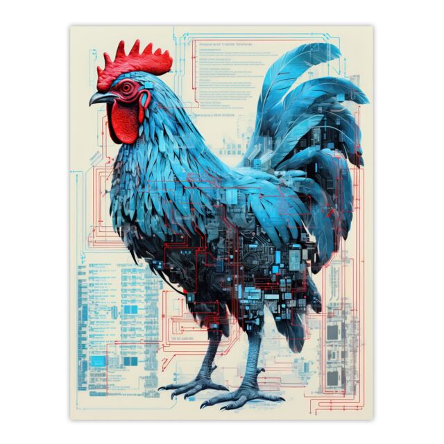 Artery8 Robo Rooster Robot Hybrid Schematic Blueprint Futuristic Secret Complex Arcane Manuscript Gift For Him Man Cave Unframed Wall Art Print - image 1