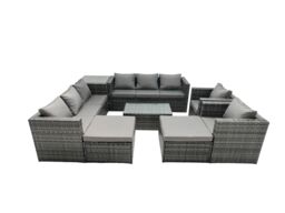 Fimous 10-seater Patio Coffee Table Sofa Set with 2 Big Stools Side Table in Dark Grey - thumbnail 1