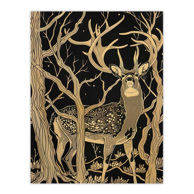 "Artery8 Deer Forest Tree Tan Brown Landscape Wall Art Print - Size: W24"" x H32""" - image 1