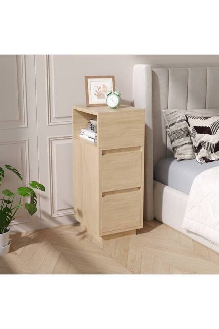 Living and Home Minimalist Bedside Table with Drawers in Natural - image 1