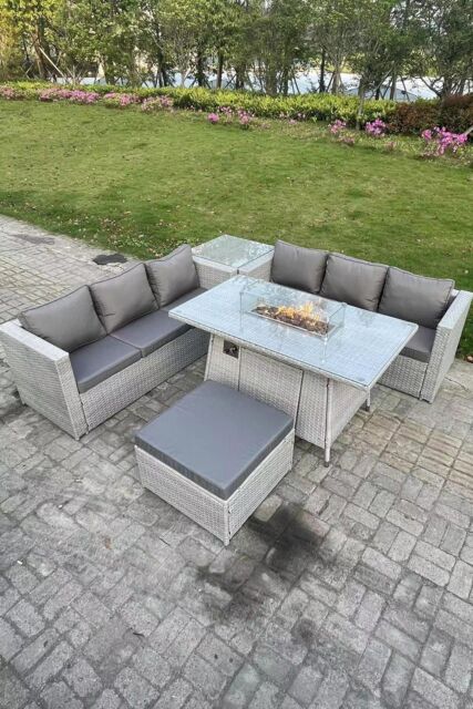 Fimous Corner Rattan Fire Pit Garden Furniture Set Gas Heater Burner Lounge Sofa Side Coffee Table in Light Grey - image 1