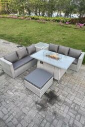 Fimous Corner Rattan Fire Pit Garden Furniture Set Gas Heater Burner Lounge Sofa Side Coffee Table in Light Grey