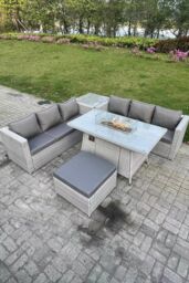 Fimous Corner Rattan Fire Pit Garden Furniture Set Gas Heater Burner Lounge Sofa Side Coffee Table in Light Grey - thumbnail 3