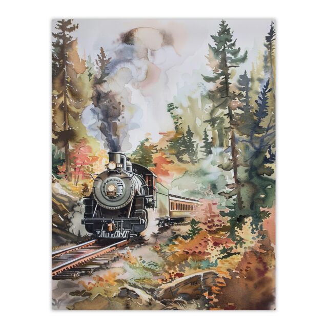 "Artery8 Locomotive Train on Autumn Forest Railway Track Wall Art Print in Brown - Size: W12"" x H16""" - image 1
