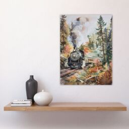 "Artery8 Locomotive Train on Autumn Forest Railway Track Wall Art Print in Brown - Size: W12"" x H16""" - thumbnail 4