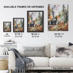 "Artery8 Locomotive Train on Autumn Forest Railway Track Wall Art Print in Brown - Size: W12"" x H16""" - thumbnail 3