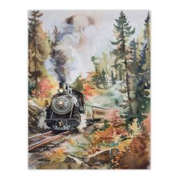 "Artery8 Locomotive Train on Autumn Forest Railway Track Wall Art Print in Brown - Size: W12"" x H16""" - thumbnail 1