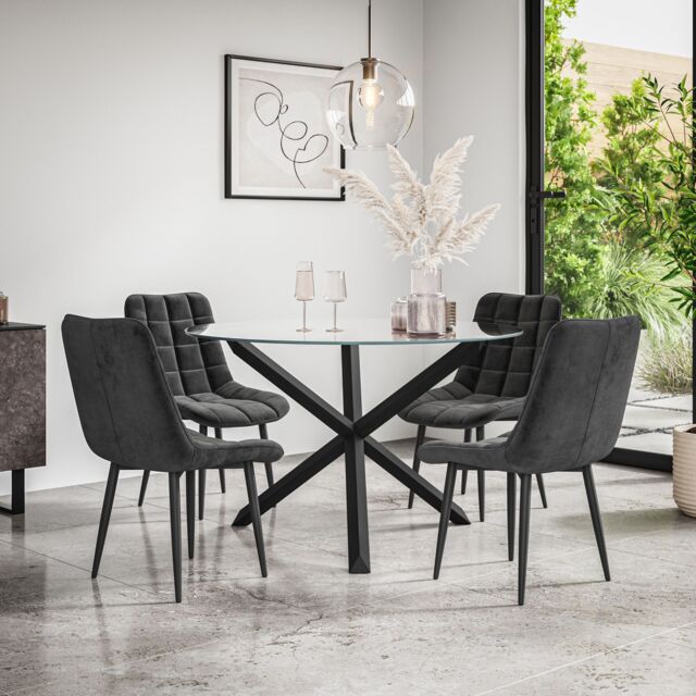 More4Homes Malvern Round Dining Table & Chairs - Clear Glass Table Top w Solid Oak Black Legs + Nova Velvet Dining Chair Set Of 4 - image 1