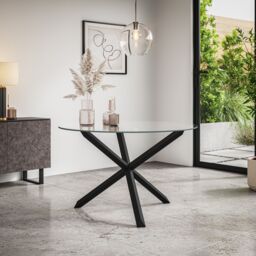 More4Homes Malvern Round Dining Table & Chairs - Clear Glass Table Top w Solid Oak Black Legs + Nova Velvet Dining Chair Set Of 4 - thumbnail 2