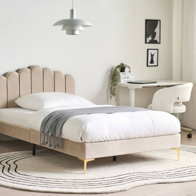 Wyld and Coco Small Double Velvet Bed Beige 3 Height Adjustable Headboard Metal - image 1