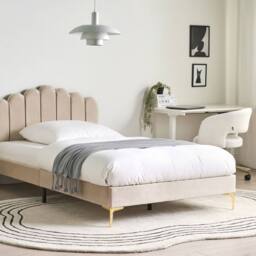 Wyld and Coco Small Double Velvet Bed Beige 3 Height Adjustable Headboard Metal
