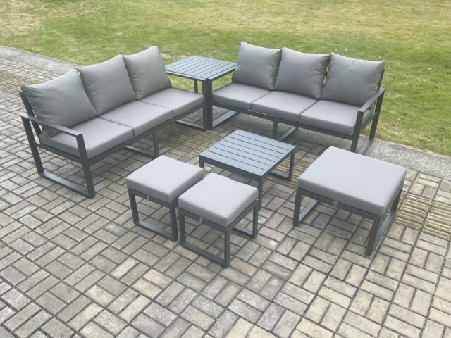 Fimous Aluminium 9 Seater Outdoor Garden Furniture Lounge Sofa Set with Square Coffee Table 3 Footstools Side Table Dark Grey - image 1