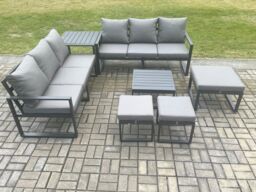 Fimous Aluminium 9 Seater Outdoor Garden Furniture Lounge Sofa Set with Square Coffee Table 3 Footstools Side Table Dark Grey - thumbnail 2