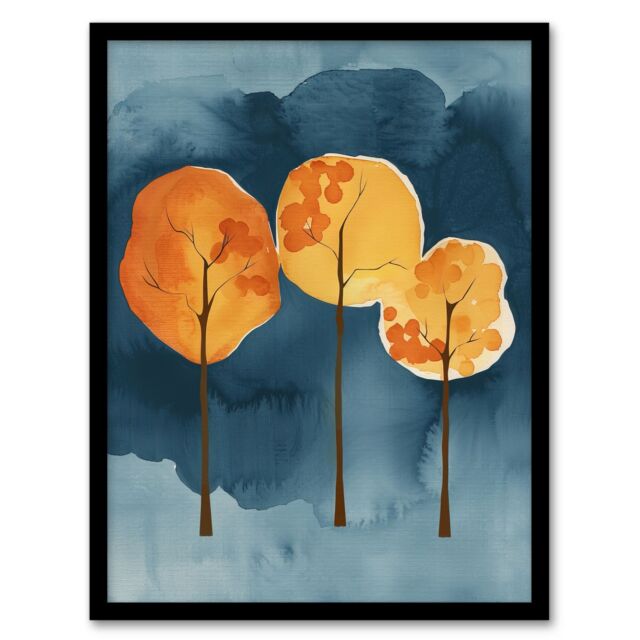 "Artery8 Abstract Autumn Trees Orange Blue Watercolour Framed Art Print - Size: W12"" x H16""" - image 1
