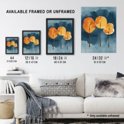"Artery8 Abstract Autumn Trees Orange Blue Watercolour Framed Art Print - Size: W12"" x H16""" - thumbnail 3