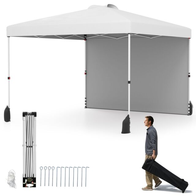 Gymax 300 x 300 cm Pop up Canopy Tent With 1 Sidewall & Wheeled Bag in White - image 1