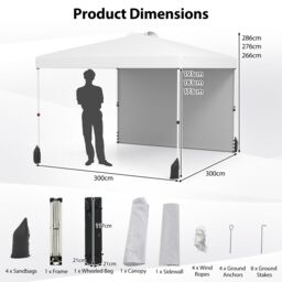 Gymax 300 x 300 cm Pop up Canopy Tent With 1 Sidewall & Wheeled Bag in White - thumbnail 2