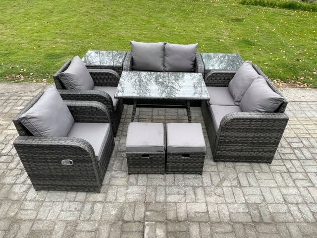 Fimous 8 Seater Wicker PE Rattan Garden Dining Set Outdoor Furniture Sofa with Rectangular Dining Table 2 Small Footstools Dark Grey Mixed - image 1