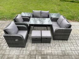 Fimous 8 Seater Wicker PE Rattan Garden Dining Set Outdoor Furniture Sofa with Rectangular Dining Table 2 Small Footstools Dark Grey Mixed - thumbnail 1