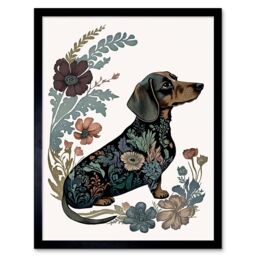 "Artery8 Wall Art Print Dachshund Shorthaired Dog with Floral Patterns Colourful Modern Art Framed in Black - Size: W12"" x H16""" - thumbnail 1