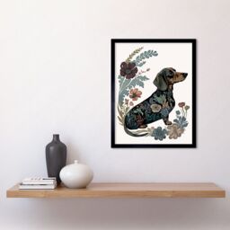"Artery8 Wall Art Print Dachshund Shorthaired Dog with Floral Patterns Colourful Modern Art Framed in Black - Size: W12"" x H16""" - thumbnail 2