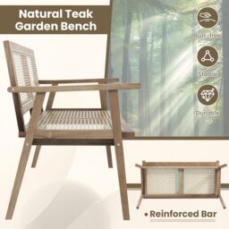 Costway Teak Wood Garden Bench 2 Person Patio Lounger Loveseat with Rattan Backrest & Seat in Natural - thumbnail 5
