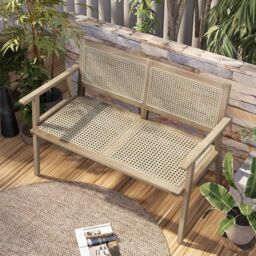Costway Teak Wood Garden Bench 2 Person Patio Lounger Loveseat with Rattan Backrest & Seat in Natural - thumbnail 4