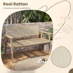 Costway Teak Wood Garden Bench 2 Person Patio Lounger Loveseat with Rattan Backrest & Seat in Natural - thumbnail 6